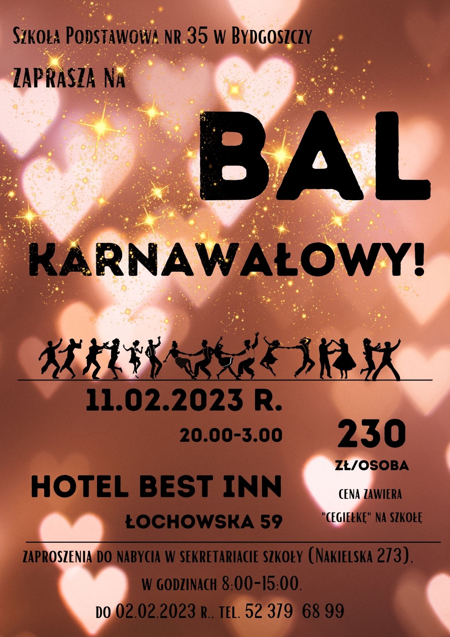 Plakat informujący o balu karnawałowym organizowanym przez Szkołę Podstawową nr 35 w Bydgoszczy, z sylwetkami tańczących osób i datą 11.02.2023.