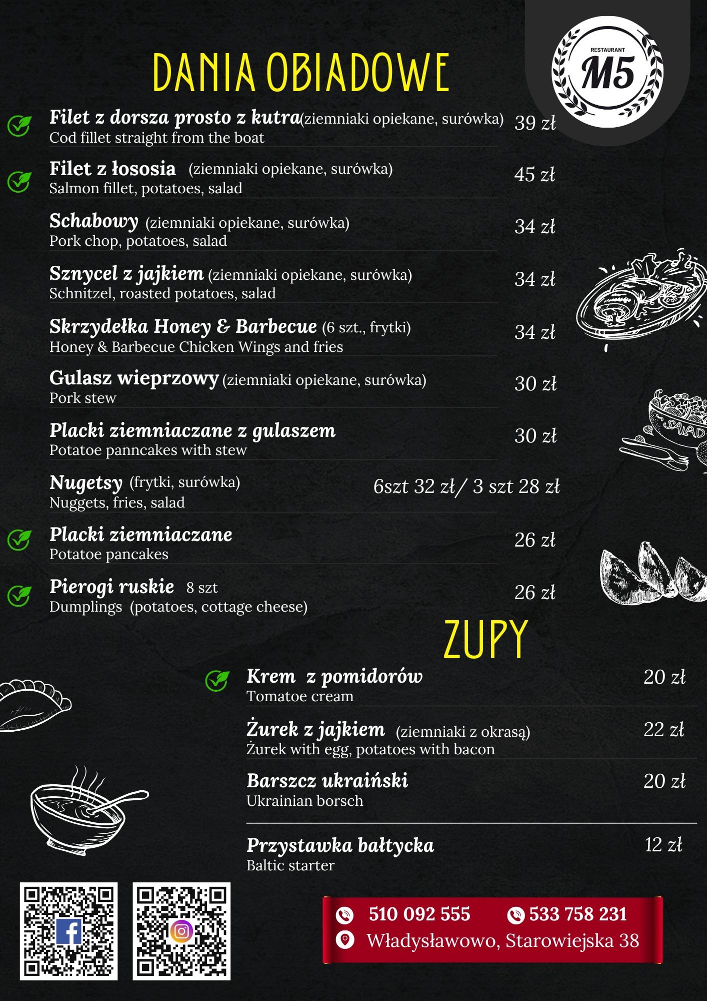 Menu restauracji z daniami obiadowymi, zupami i przystawkami, prezentujące ceny i opisy potraw w języku polskim i angielskim, z logo restauracji M5 w prawym górnym rogu.