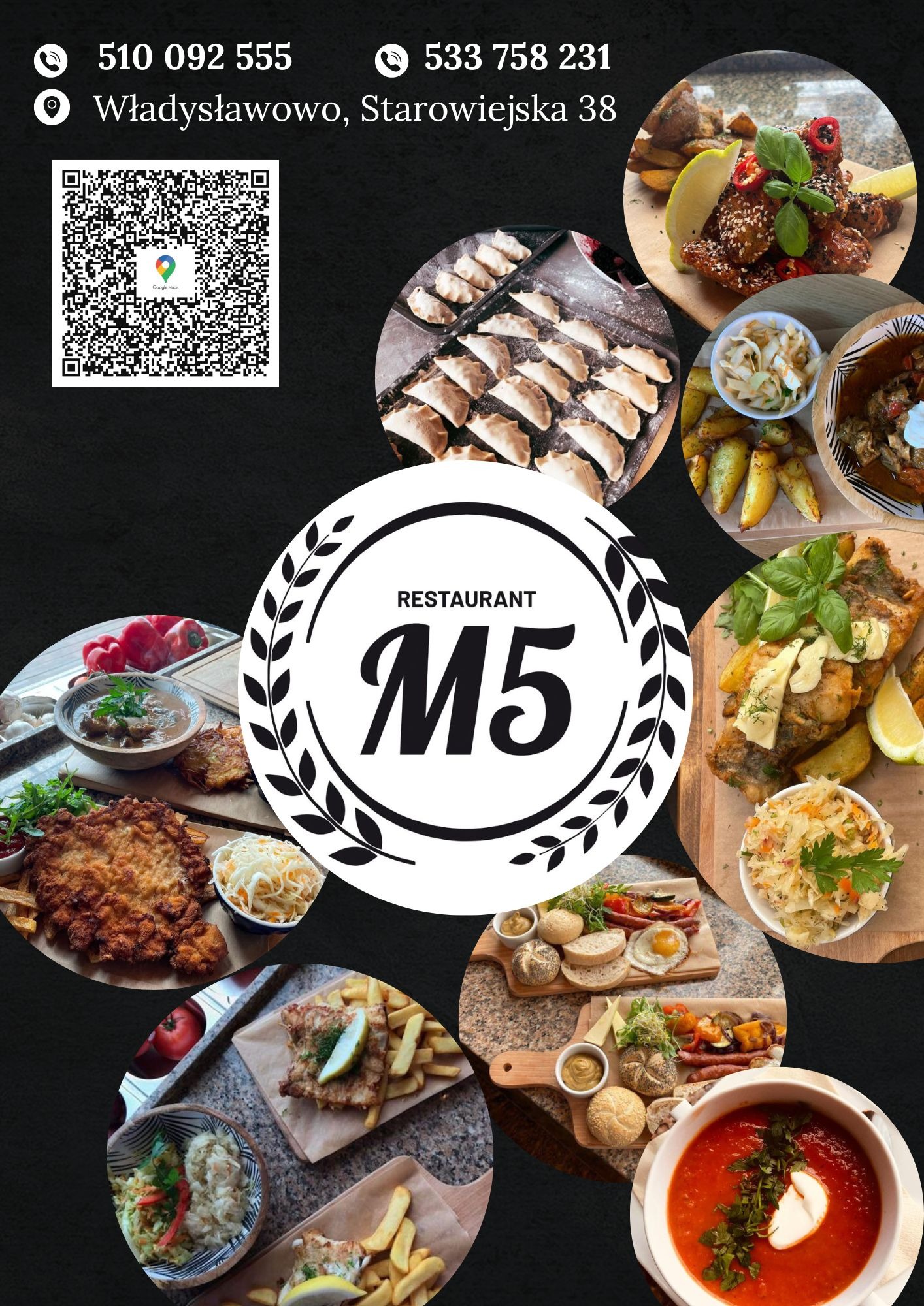 Kolaż zdjęć potraw restauracji M5 z Władysławowa, prezentujący różnorodne dania, w tym pierogi, rybę, sznycel, zupy i przekąski, z logo restauracji w centrum i danymi kontaktowymi oraz kodem QR.