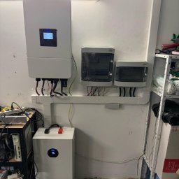 ARD-SUN Sławomir Jackowski - Biały inwerter fotowoltaiczny i magazyn energii z podłączonymi kablami, zamontowane na ścianie w pomieszczeniu. Widoczne skrzynki elektryczne i elementy instalacji.