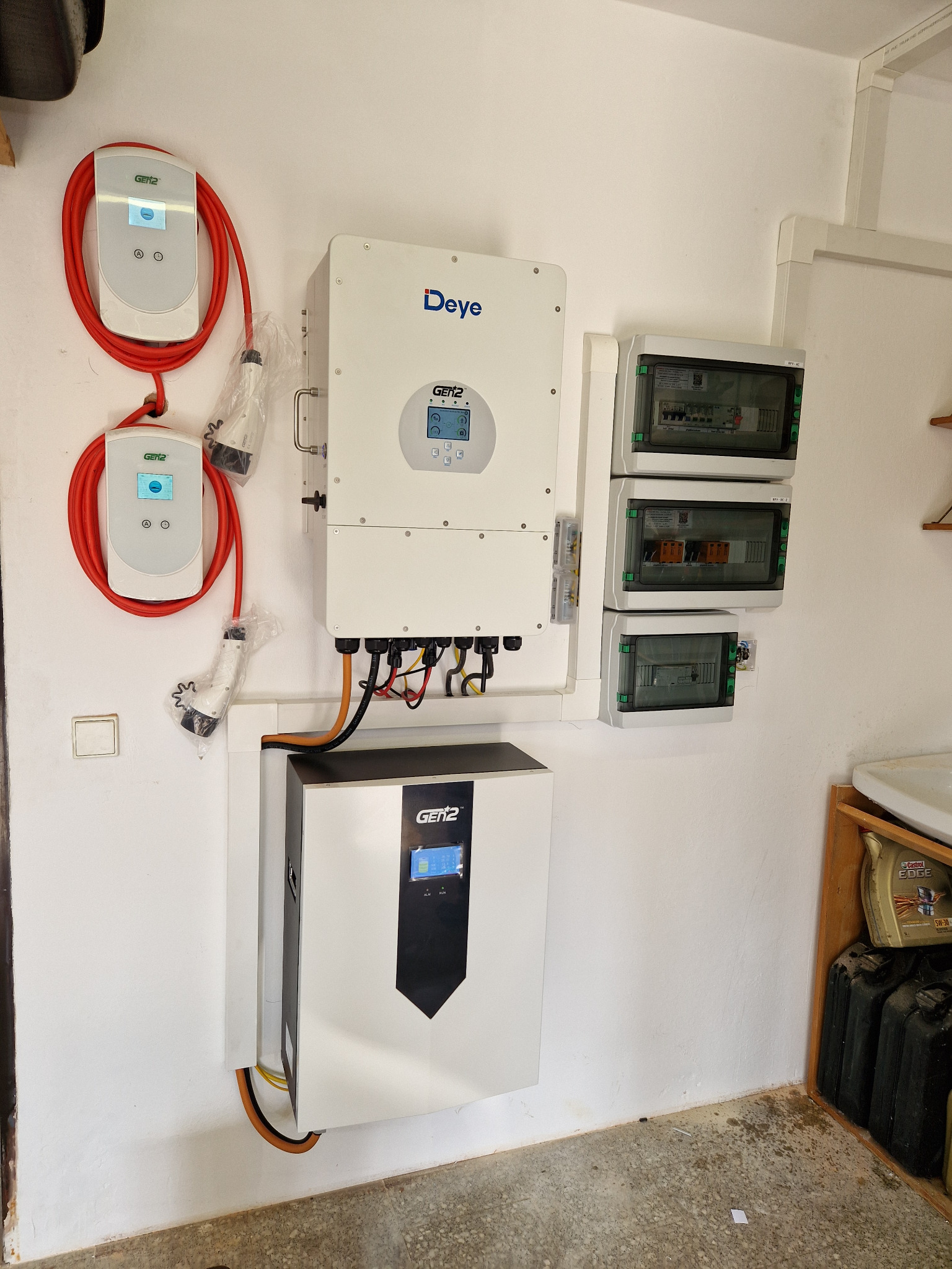 Kompletna instalacja: falownik Deye, magazyn energii GEN2, rozdzielnia elektryczna z zabezpieczeniami i dwa punkty ładowania pojazdów elektrycznych z czerwonymi kablami, zamontowane na białej...