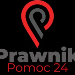 Logo firmy prawniczej z motywem pinezki w kolorach czerwonym i szarym, pod napisem 'Prawnik Pomoc 24' w szaro-czerwonej kolorystyce na czarnym tle.