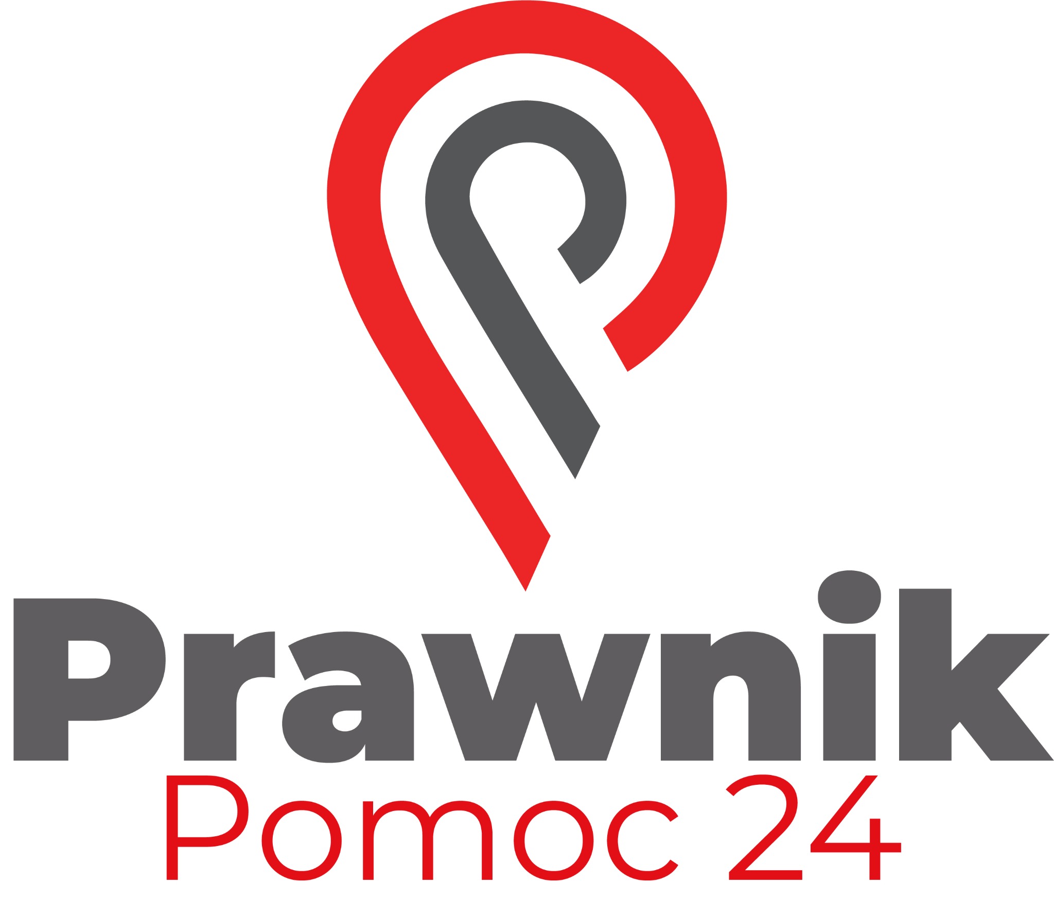 Logo firmy prawniczej 'Prawnik Pomoc 24' z abstrakcyjnym symbolem w kształcie łzy w kolorach czerwonym i szarym.