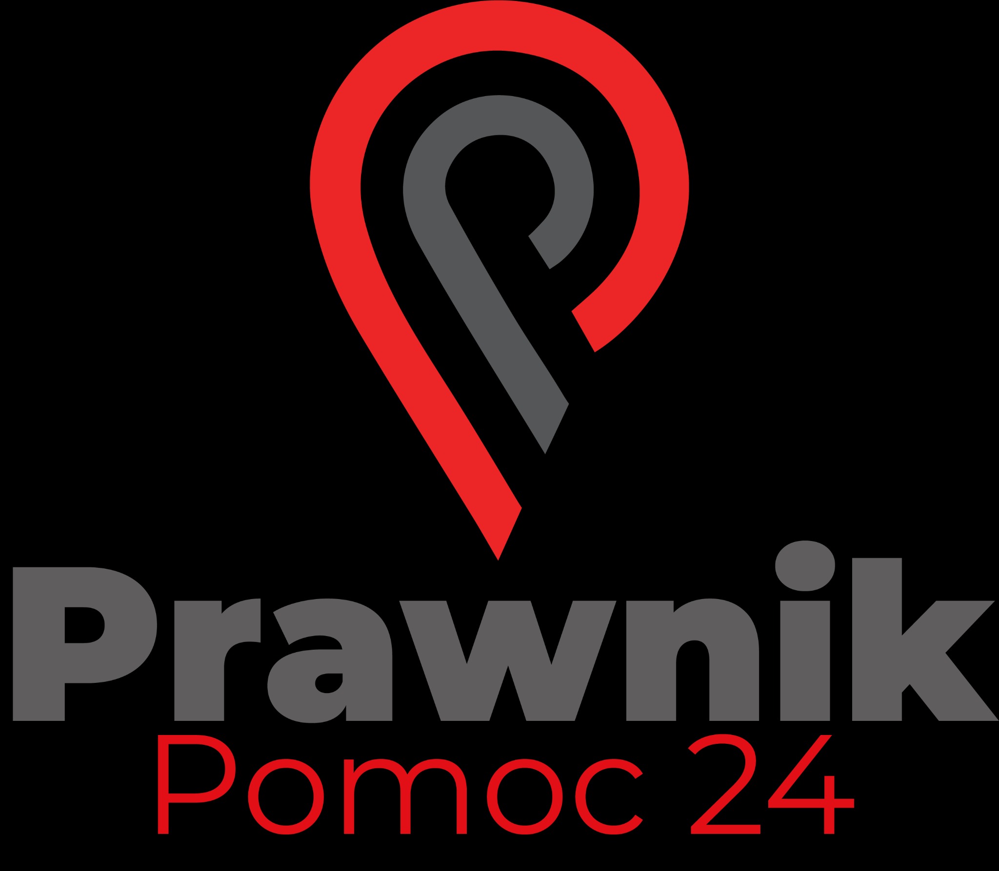 Logo firmy prawniczej z motywem pinezki w kolorach czerwonym i szarym, pod napisem 'Prawnik Pomoc 24' w szaro-czerwonej kolorystyce na czarnym tle.