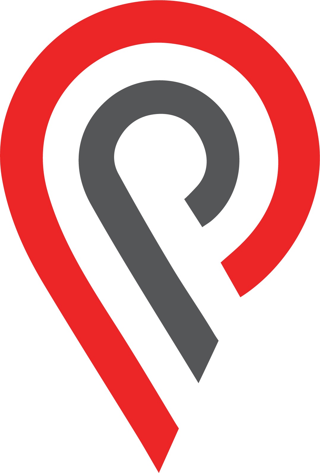 Abstrakcyjne logo w kształcie pinezki z elementami w kolorze czerwonym i szarym.