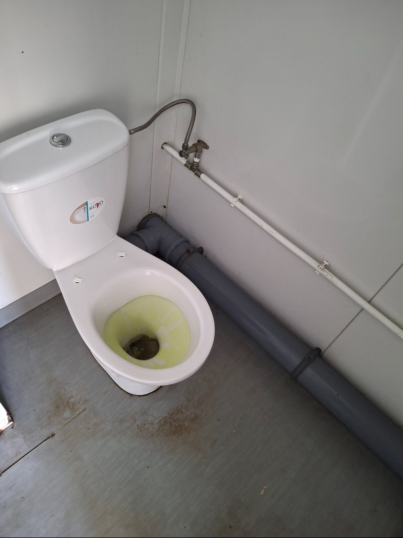 Biała toaleta z żółtą zawartością w misce, szare rury i białe ściany. Widok z góry ukazuje stan pomieszczenia.