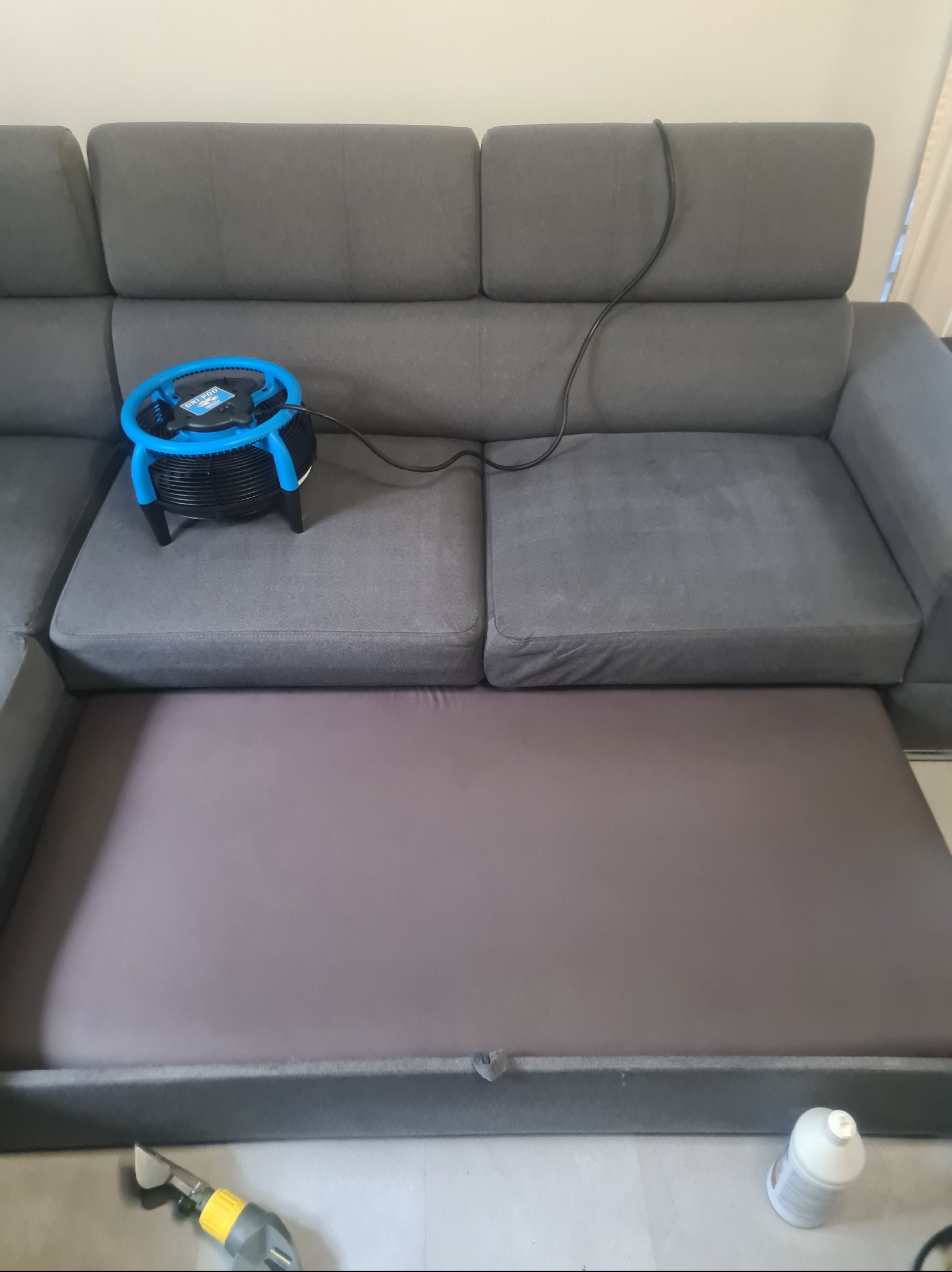Szara sofa z wysuniętym siedziskiem, na której stoi urządzenie do prania tapicerki z niebieskimi elementami, obok widoczny odkurzacz piorący i butelka detergentu.
