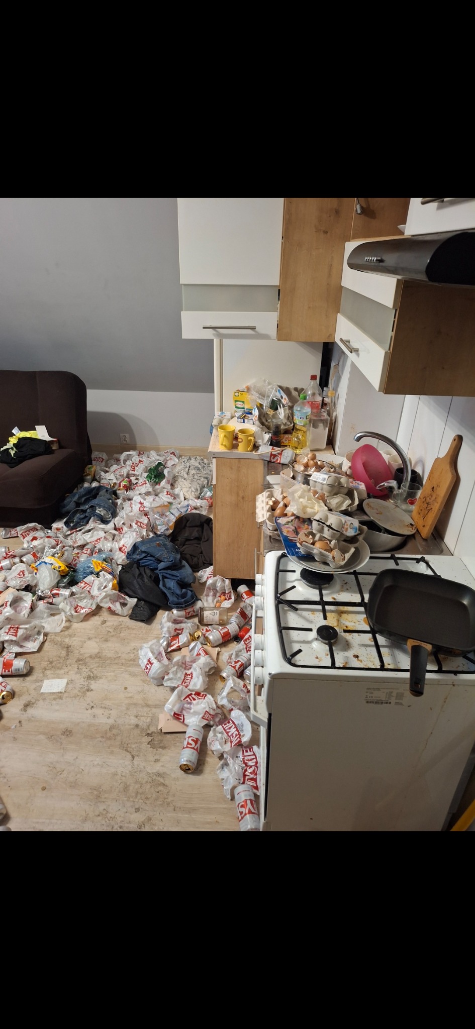 Zaniedbane mieszkanie: puszki po piwie, śmieci i brud na podłodze w kuchni i pokoju. Widok na kuchenkę, szafki i kanapę. Potrzebne gruntowne sprzątanie.
