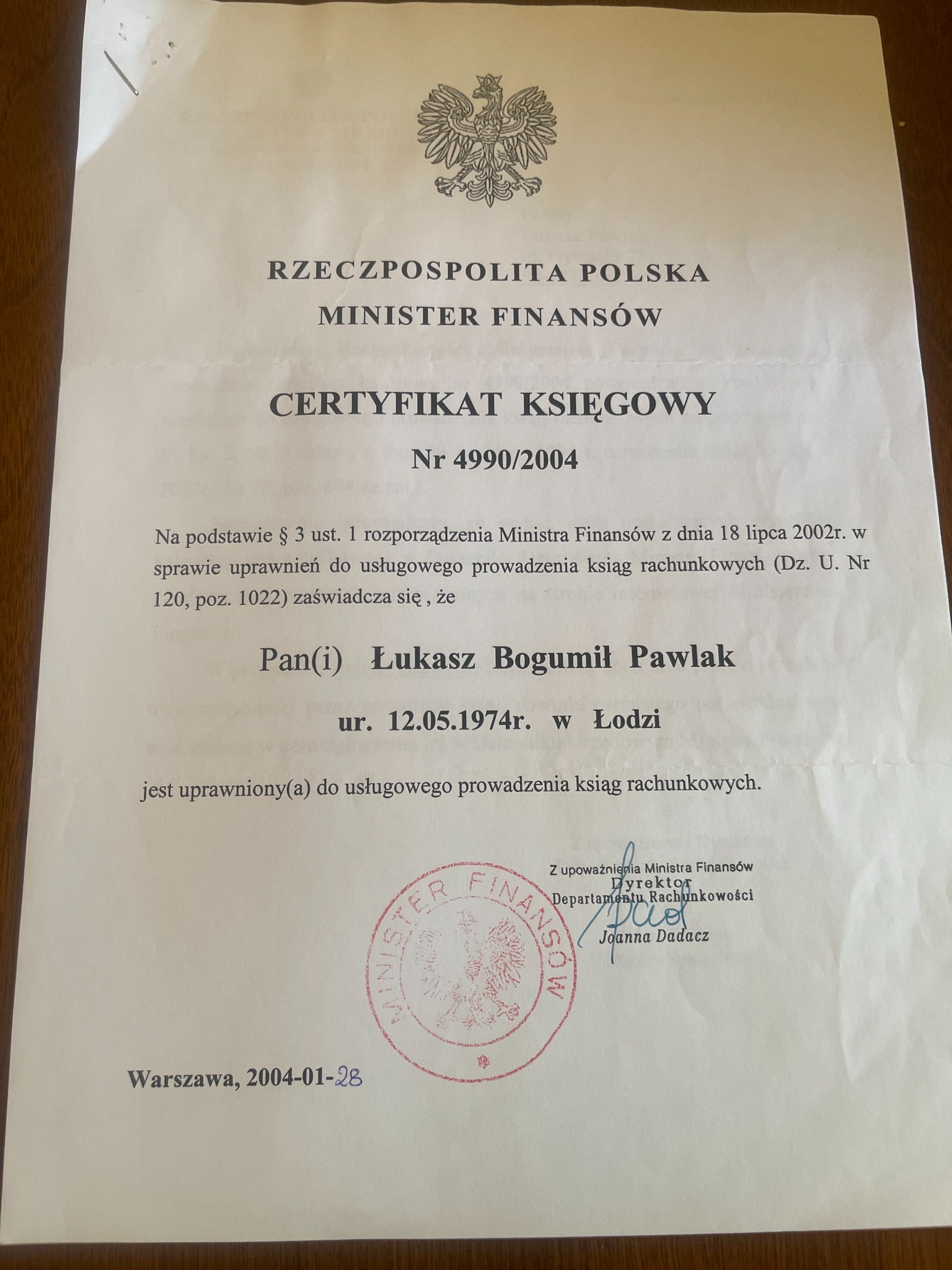 Certyfikat Księgowy Ministra Finansów