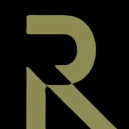 Duża litera R w kolorze khaki na czarnym tle, minimalistyczny design.