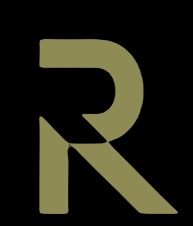 Duża litera R w kolorze khaki na czarnym tle, minimalistyczny design.