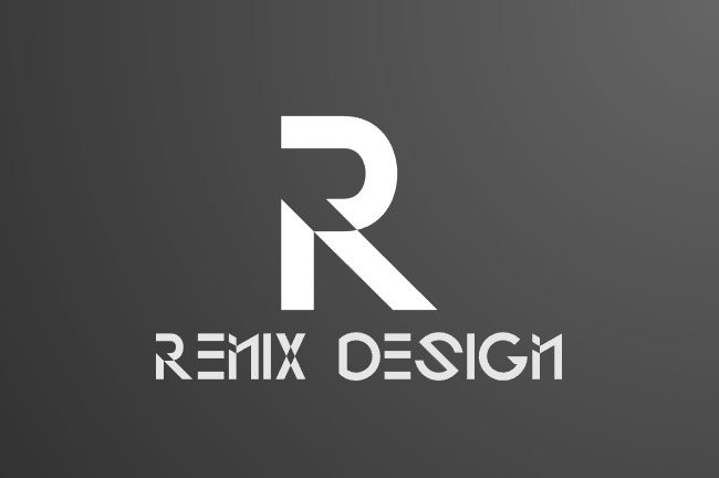Eleganckie logo firmy Remix Design z dużą literą R w nowoczesnym stylu na ciemnoszarym tle.