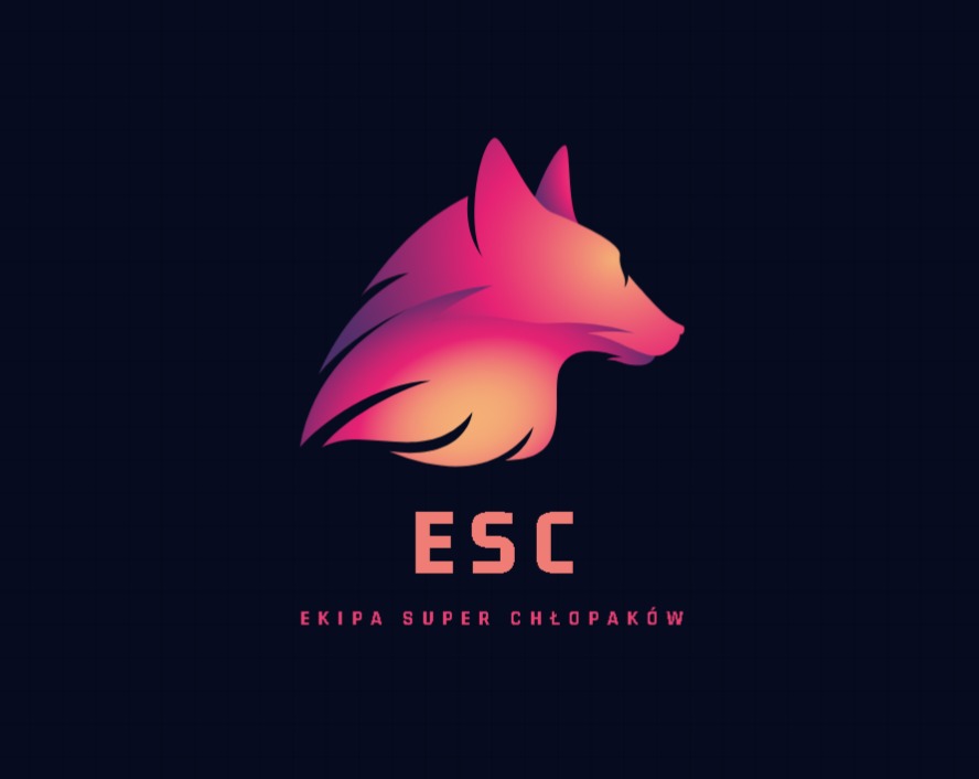 Gradientowe logo przedstawiające głowę lisa w odcieniach różu i pomarańczy nad napisem 'ESC' i hasłem 'EKIPA SUPER CHŁOPAKÓW' na ciemnogranatowym tle.