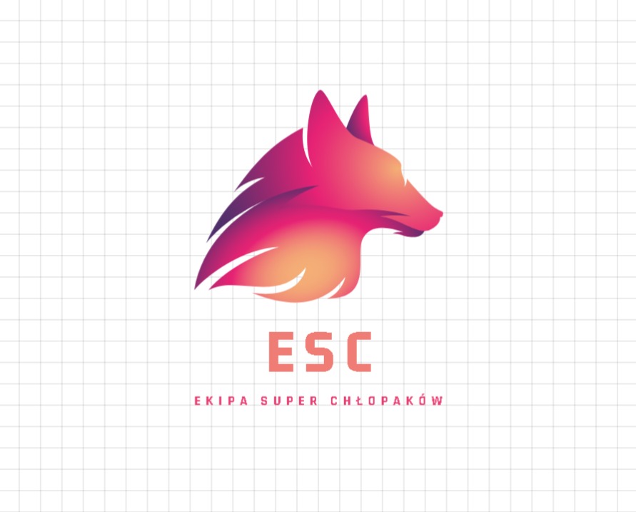 Grafika wektorowa przedstawiająca głowę lisa w odcieniach różu i pomarańczy, poniżej napis ESC i EKIPA SUPER CHŁOPAKÓW na siatkowanym tle.