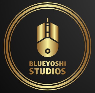 Złota ikona myszy komputerowej w okręgu na czarnym tle, napis BLUEYOSHI STUDIOS poniżej.