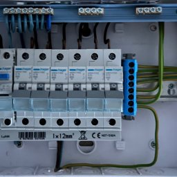 Sebastiansak - Wewnętrzny widok skrzynki rozdzielczej z zainstalowanymi bezpiecznikami Hager, niebieską listwą zaciskową i przewodami w kolorach brązowym, niebieskim i zielono-żółtym.