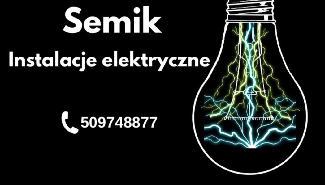 Grafika reklamowa firmy Semik: nazwa firmy, numer telefonu i schematyczna żarówka z błyskawicami na czarnym tle.