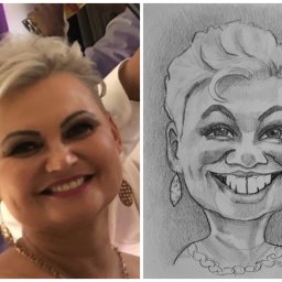 ViPArtStudio - Portret kobiety: zdjęcie kontra karykatura ołówkiem. Widoczne detale biżuterii i fryzury, podkreślone różnice w stylu artystycznym.