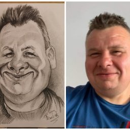 ViPArtStudio - Ręcznie rysowany portret karykaturalny mężczyzny obok jego zdjęcia, ukazujący podobieństwo i humorystyczne przerysowanie cech.