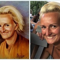 ViPArtStudio - Portret kobiety z blond włosami, po lewej stronie obraz, po prawej zdjęcie. Ukazuje różnicę między oryginałem a dziełem.
