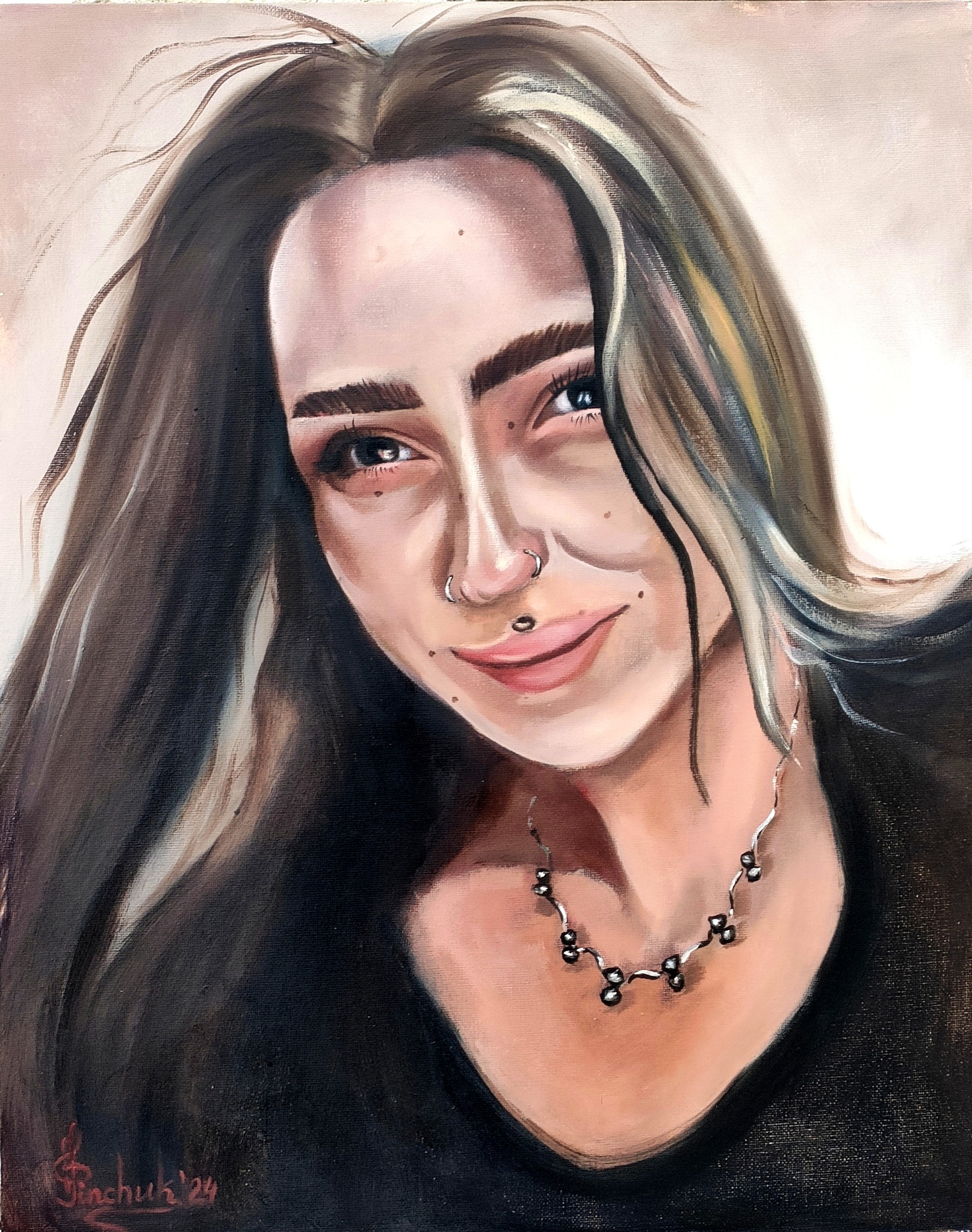 Portret olejny młodej kobiety z piercingiem, ukazujący detale twarzy i ekspresję, podpisany w lewym dolnym rogu.