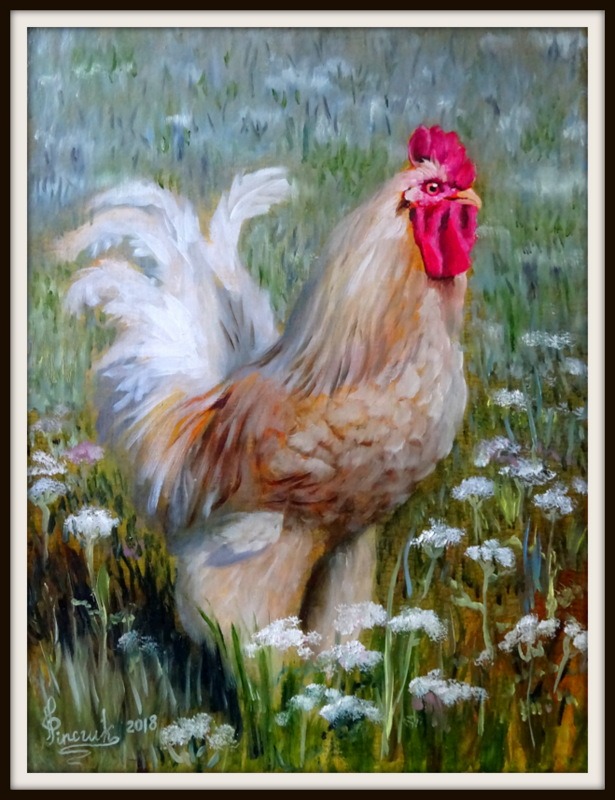 Olejny portret koguta rasy brahma na tle łąki z białymi kwiatami, sygnowany w lewym dolnym rogu.