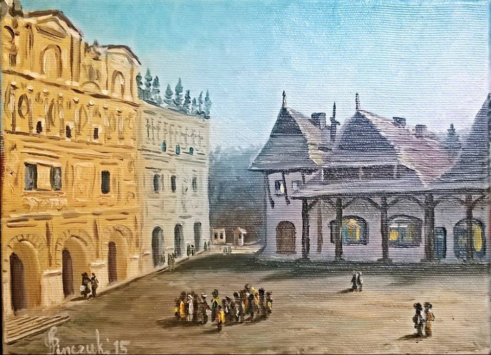 Pejzaż miejski z budynkami w stylu renesansowym i grupą postaci, namalowany farbami olejnymi na płótnie, z widoczną fakturą pędzla i sygnaturą autora w lewym dolnym rogu.