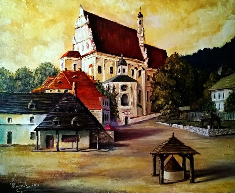 Pejzaż miejski z kościołem i zabudową drewnianą, namalowany farbami olejnymi na płótnie w ciepłej tonacji z widoczną fakturą pędzla.