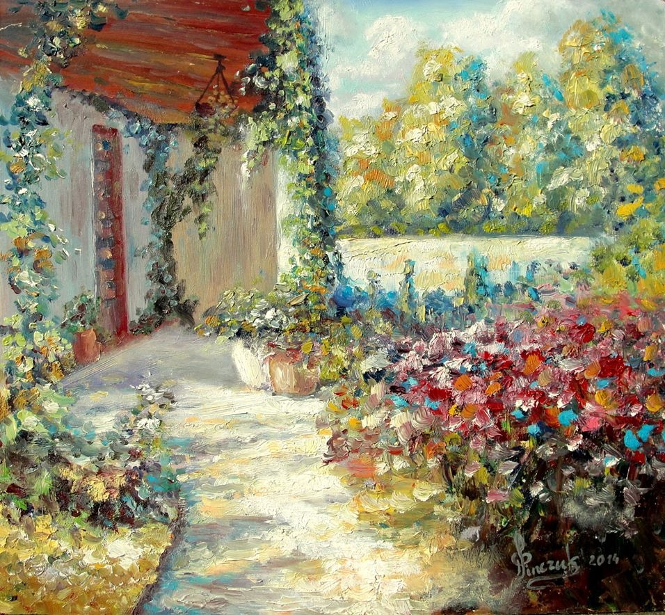 Obraz olejny przedstawiający ukwiecony ogród z elementami architektury, w ciepłej kolorystyce i impastowej technice malarskiej.
