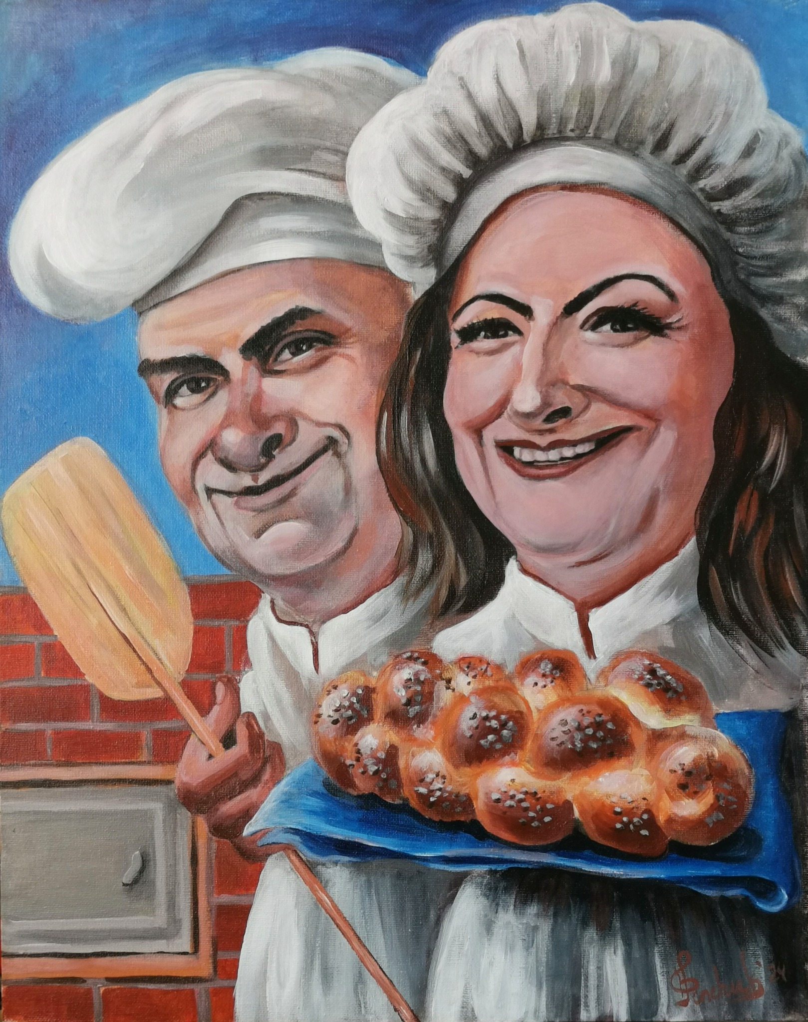Obraz olejny przedstawiający uśmiechniętą parę piekarzy w czapkach kucharskich, trzymających świeży chałka na niebieskiej tacy, z piecem chlebowym i łopatą w tle.