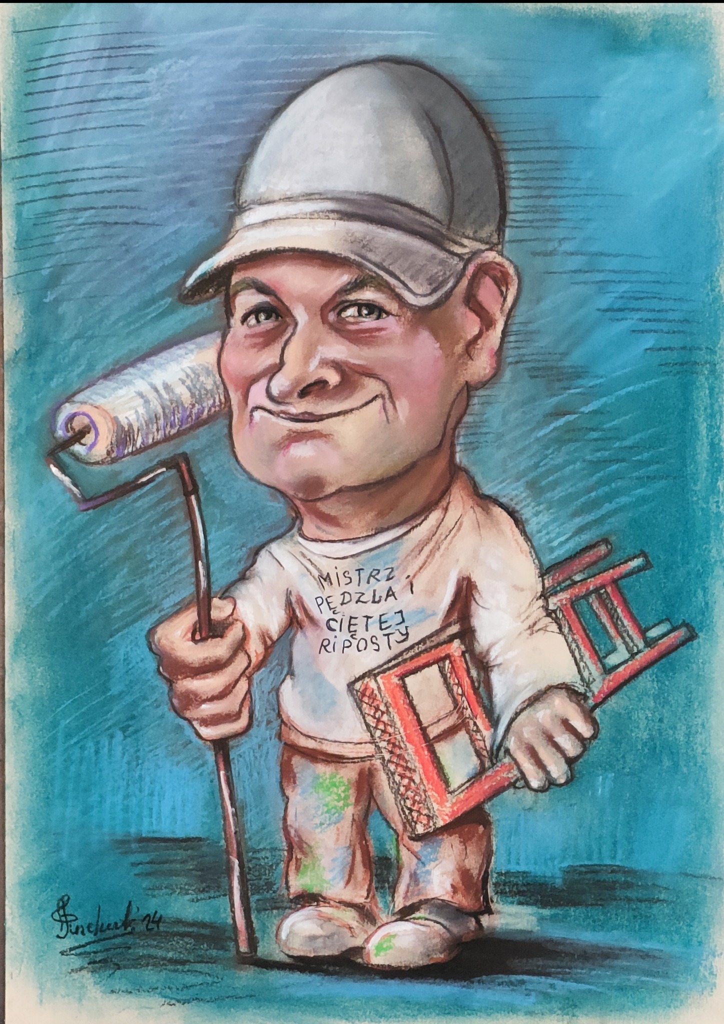Karykatura malarza w czapce, z wałkiem w ręku, trzymającego małą drabinę i ubranego w koszulkę z napisem 'Mistrz pędzla i ciętej riposty'.