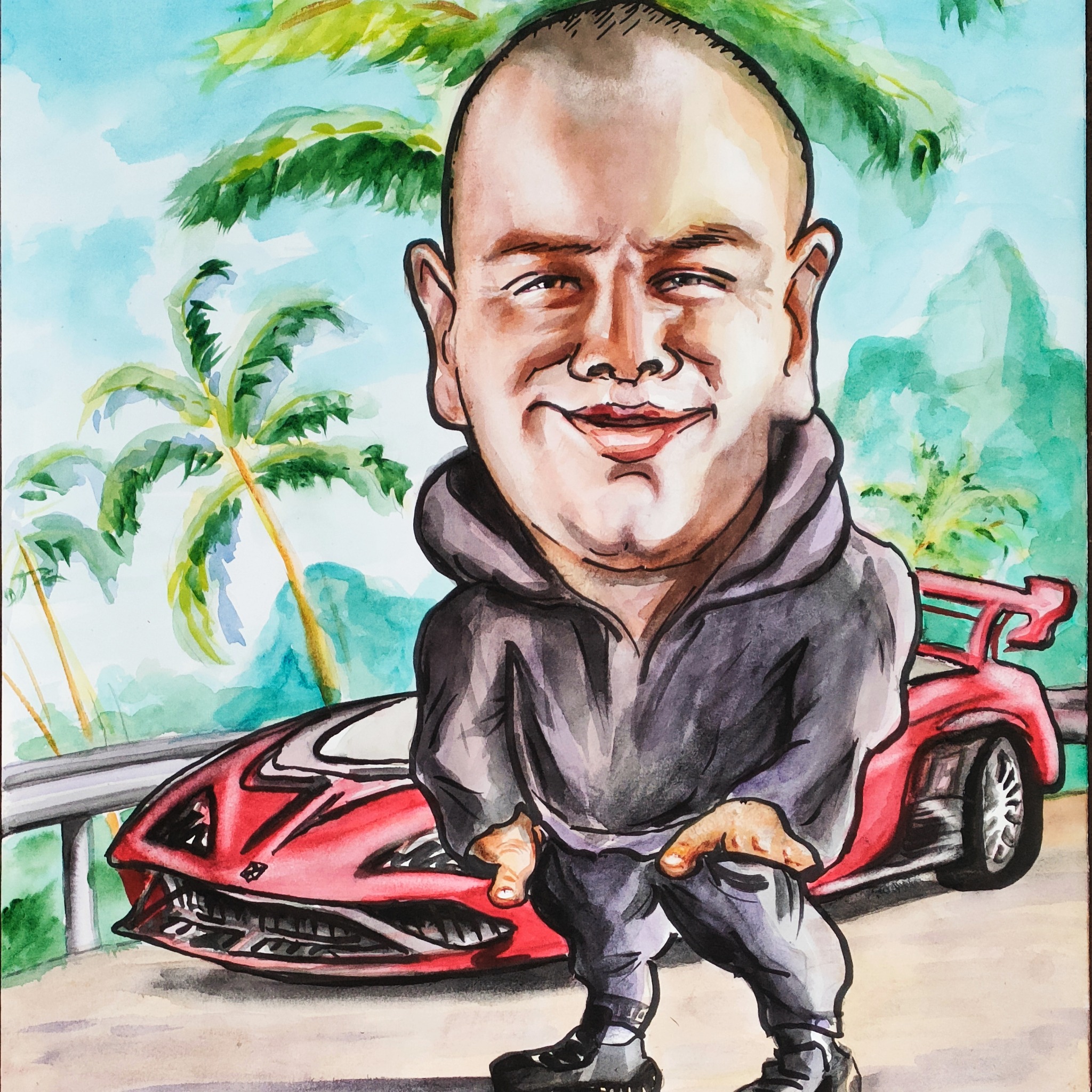 Akwarelowa karykatura mężczyzny w bluzie z kapturem, stojącego obok czerwonego sportowego samochodu na tle tropikalnego krajobrazu z palmami.