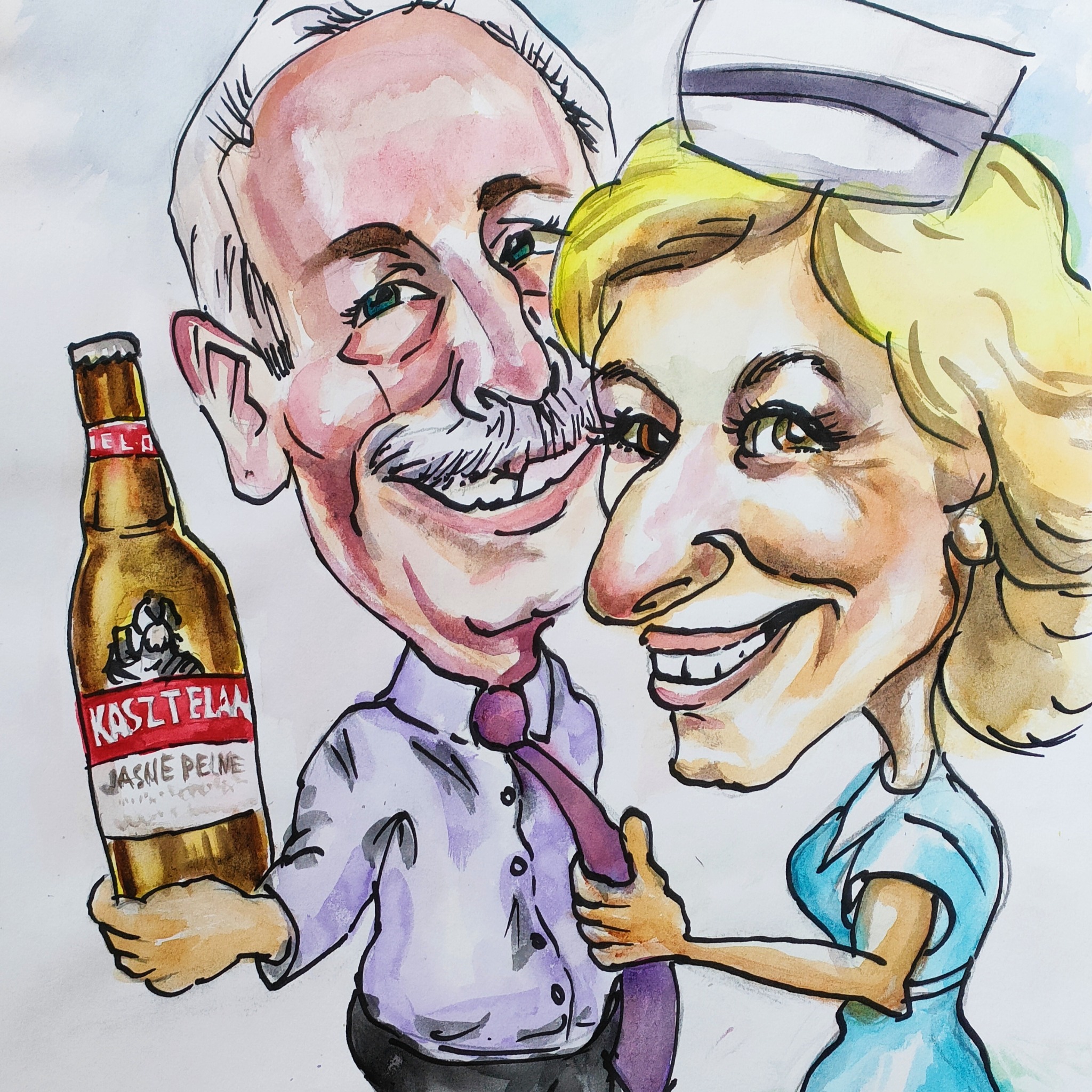 Ręcznie rysowany karykaturalny portret mężczyzny w koszuli i krawacie trzymającego butelkę piwa Kasztelan oraz kobiety w czepku pielęgniarskim.