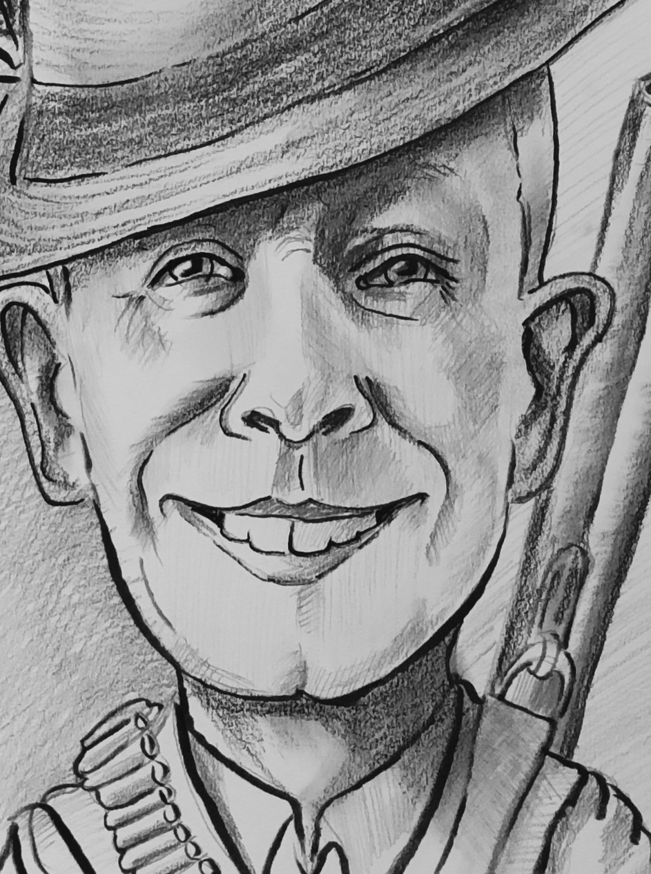 Czarno-biały, ręcznie rysowany portret karykaturalny mężczyzny w kapeluszu, z szerokim uśmiechem i przesadnymi rysami twarzy, w stylu szkicu ołówkiem.