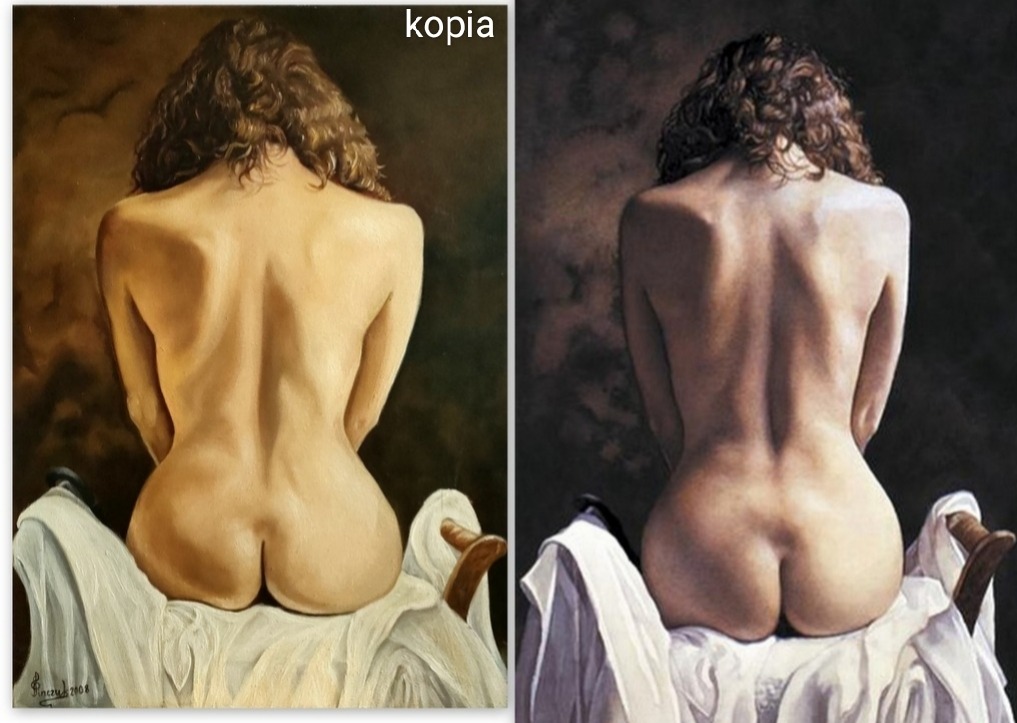 Dwa obrazy olejne przedstawiające akt kobiety siedzącej tyłem na krześle, z różnicami w oświetleniu i tonacji kolorystycznej. Lewy obraz jaśniejszy, prawy w ciemniejszych barwach.