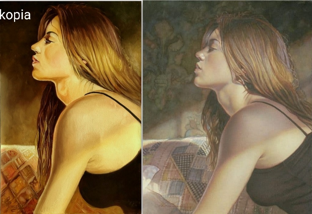 Dwa portrety kobiety z profilu, malowane farbami olejnymi. Lewy obraz w ciepłej tonacji, prawy w chłodniejszej. Widoczne detale włosów i delikatny makijaż.