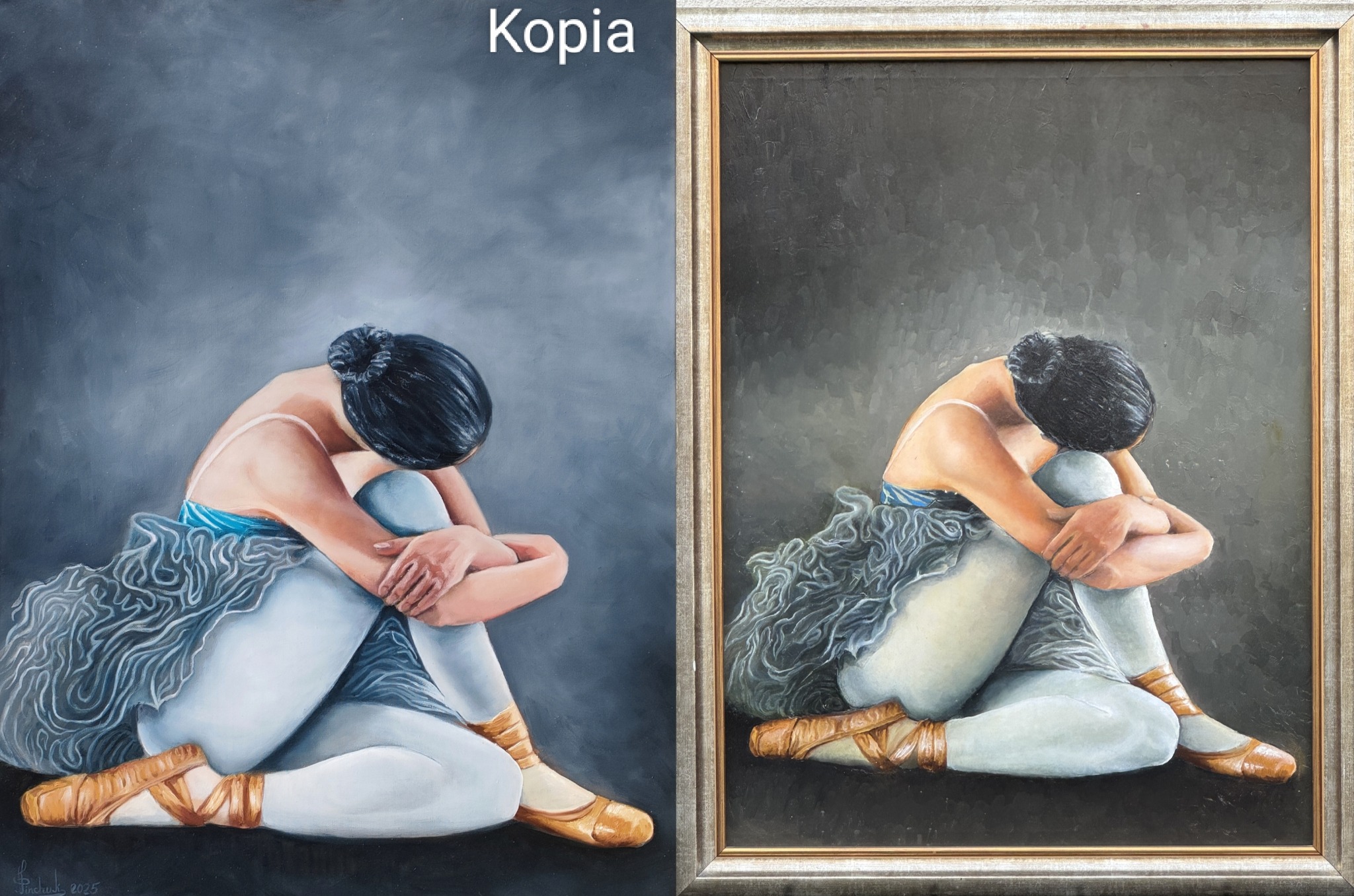 Obraz olejny przedstawiający baletnicę w pozycji skulonej, z kopią w ramie obok. Stonowana kolorystyka, widoczne pociągnięcia pędzla. Sygnatura w lewym dolnym rogu.