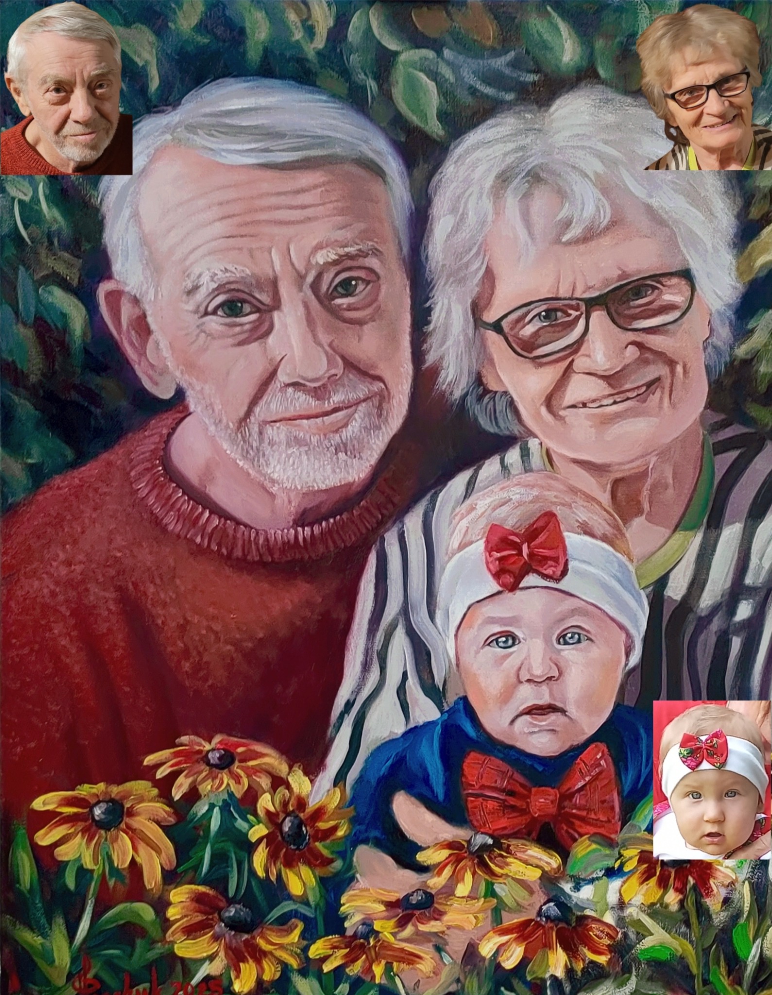 Portret rodzinny na płótnie, przedstawiający parę seniorów i niemowlę z czerwonymi kokardami, otoczonych kwiatami. Dodatkowo wkomponowane zdjęcia referencyjne.
