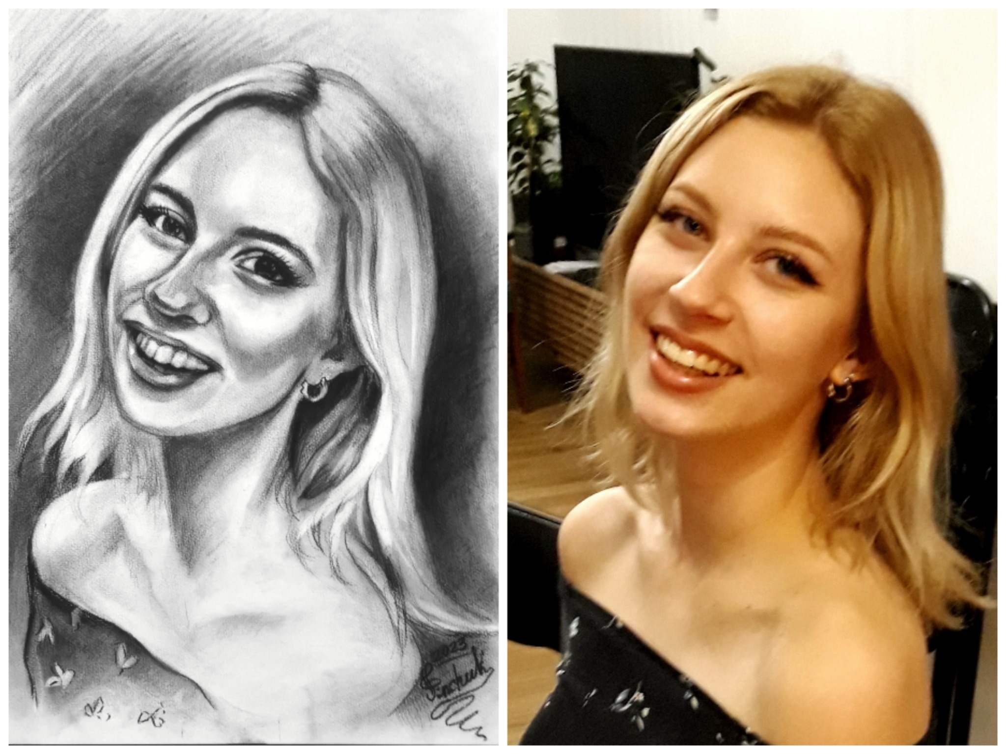 Portret kobiety: po lewej szkic ołówkiem, po prawej zdjęcie. Uśmiechnięta blondynka z kolczykami, w czarnej bluzce z kwiatami. Widoczne sygnatury autora szkicu.