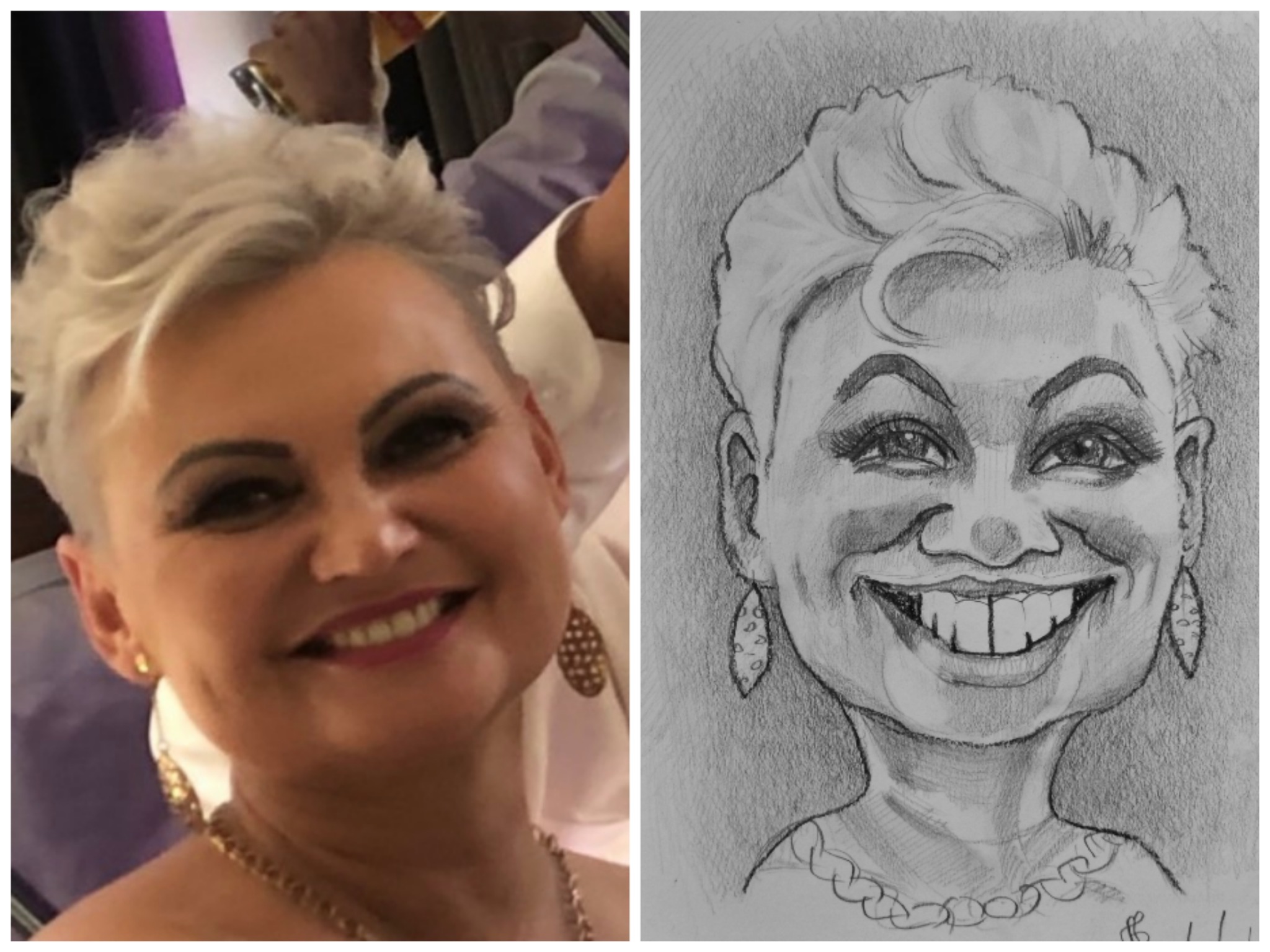 Portret kobiety: zdjęcie kontra karykatura ołówkiem. Widoczne detale biżuterii i fryzury, podkreślone różnice w stylu artystycznym.