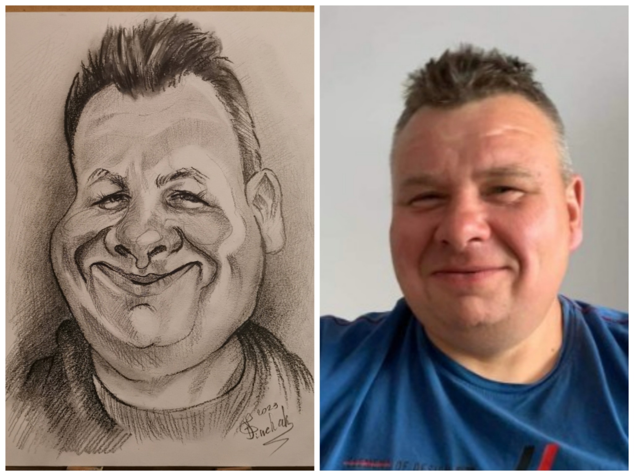 Ręcznie rysowany portret karykaturalny mężczyzny obok jego zdjęcia, ukazujący podobieństwo i humorystyczne przerysowanie cech.