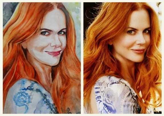 Portret kobiety o rudych włosach: po lewej akwarela, po prawej zdjęcie. Widoczny tatuaż na ramieniu i podobieństwo do Nicole Kidman.