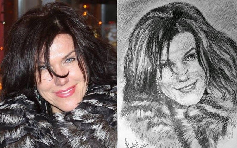 Portret kobiety w futrze, po lewej zdjęcie kolorowe, po prawej szkic ołówkiem z sygnaturą artysty w rogu. Ukazane 'przed i po' w malarstwie portretowym.