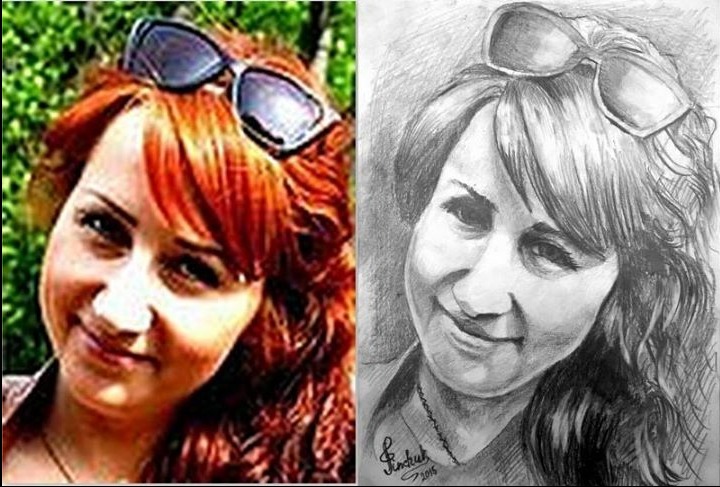 Portret kobiety: po lewej zdjęcie, po prawej szkic ołówkiem z okularami na głowie. Widoczne detale włosów i rysów twarzy. Sygnatura artysty w prawym dolnym rogu.