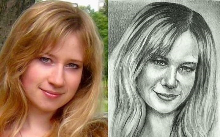 Portret kobiety: po lewej zdjęcie, po prawej rysunek ołówkiem. Widoczne różnice w interpretacji artystycznej i odwzorowaniu detali. Tło zielone, naturalne.