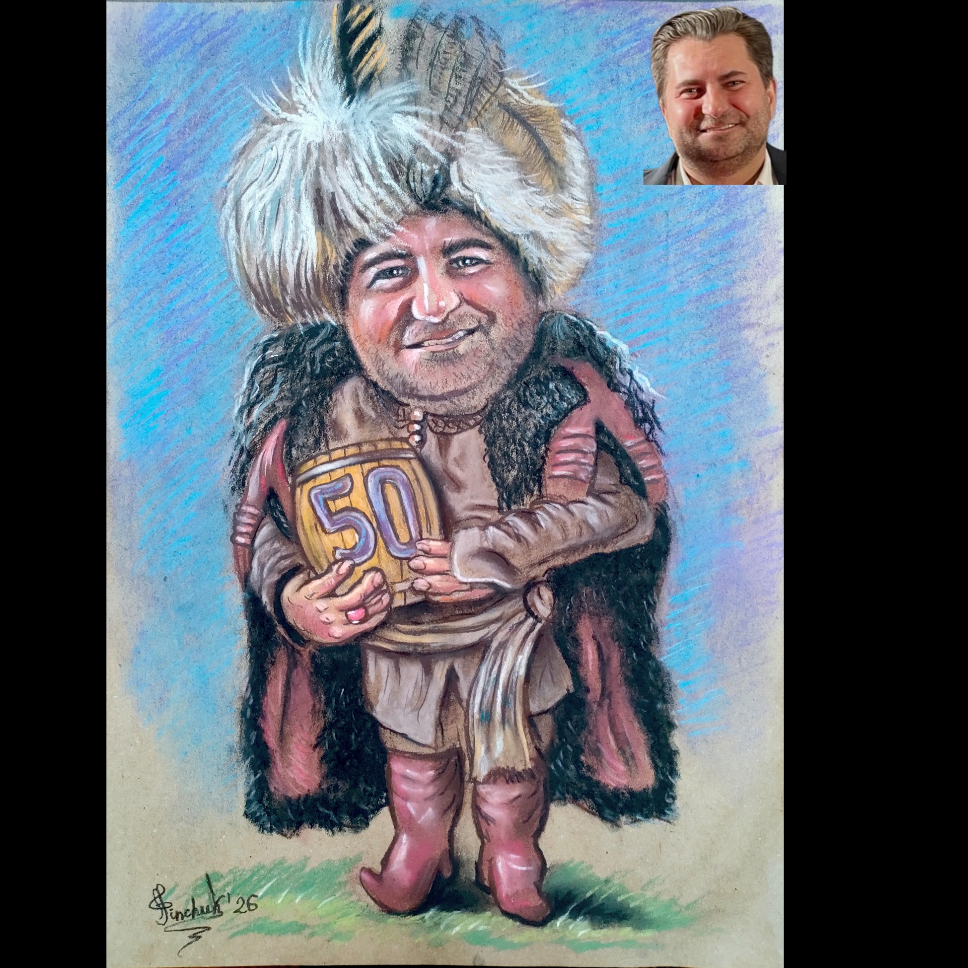 Karykatura ze zdjęcia. Pastele suche, papier, 42x60 cm