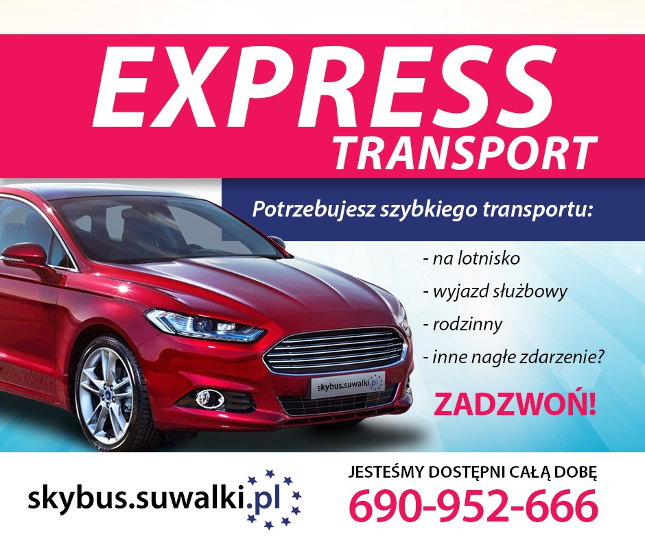 Reklama firmy transportowej: czerwony samochód osobowy na tle napisu 'EXPRESS TRANSPORT' i informacji o dostępności 24h oraz numeru telefonu.