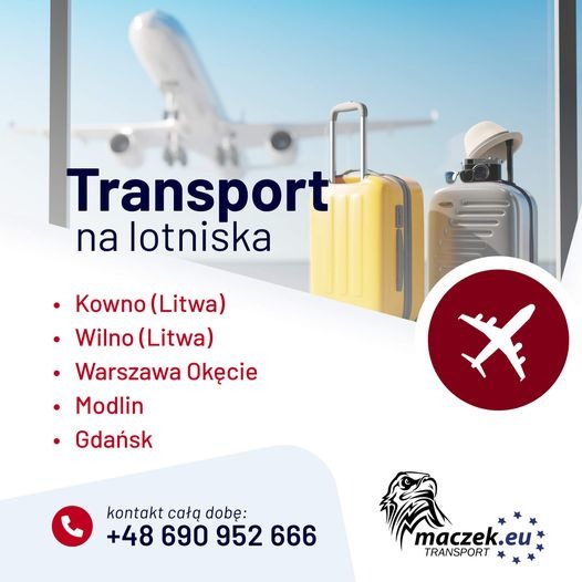 Grafika reklamowa z żółtą i srebrną walizką na tle startującego samolotu, informująca o transporcie na lotniska w różnych miastach, z numerem telefonu i logo firmy.