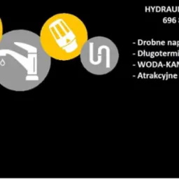 Grafika reklamowa hydraulika z Koszalina, prezentująca ikonę płomienia, kranu z kroplą, zaworu i syfonu, obok numeru telefonu i hasła 'Drobne naprawy, Długoterminowe prace, WODA-KANALIZACJA-CO...