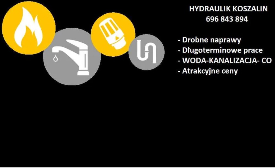 Grafika reklamowa hydraulika z Koszalina, prezentująca ikonę płomienia, kranu z kroplą, zaworu i syfonu, obok numeru telefonu i hasła 'Drobne naprawy, Długoterminowe prace, WODA-KANALIZACJA-CO...